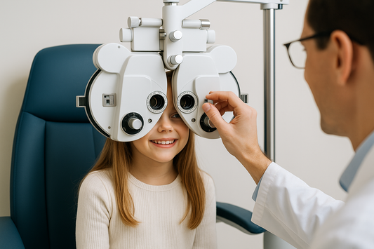 Young girl undergoing an eye exam using a phoropter with an optometrist adjusting the lenses in a modern, child-friendly optical clinic.