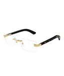 Cartier Santos CT0513O rimless rectangle eyeglasses in Gold / Black Wood, three-quarter view