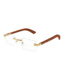 Cartier Santos CT0513O rimless rectangle eyeglasses in Gold / Brown Wood, three-quarter view