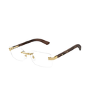 Cartier Santos CT0513O rimless rectangle eyeglasses in Gold / Dark Brown Wood, three-quarter view
